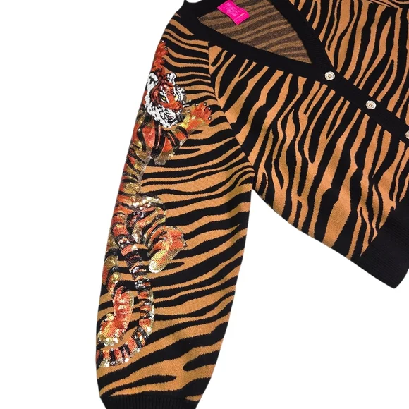 Queen of Sparkles Tiger Stripe Cardigan Sequin Tigers Black Camel Medium - Picture 5 of 14